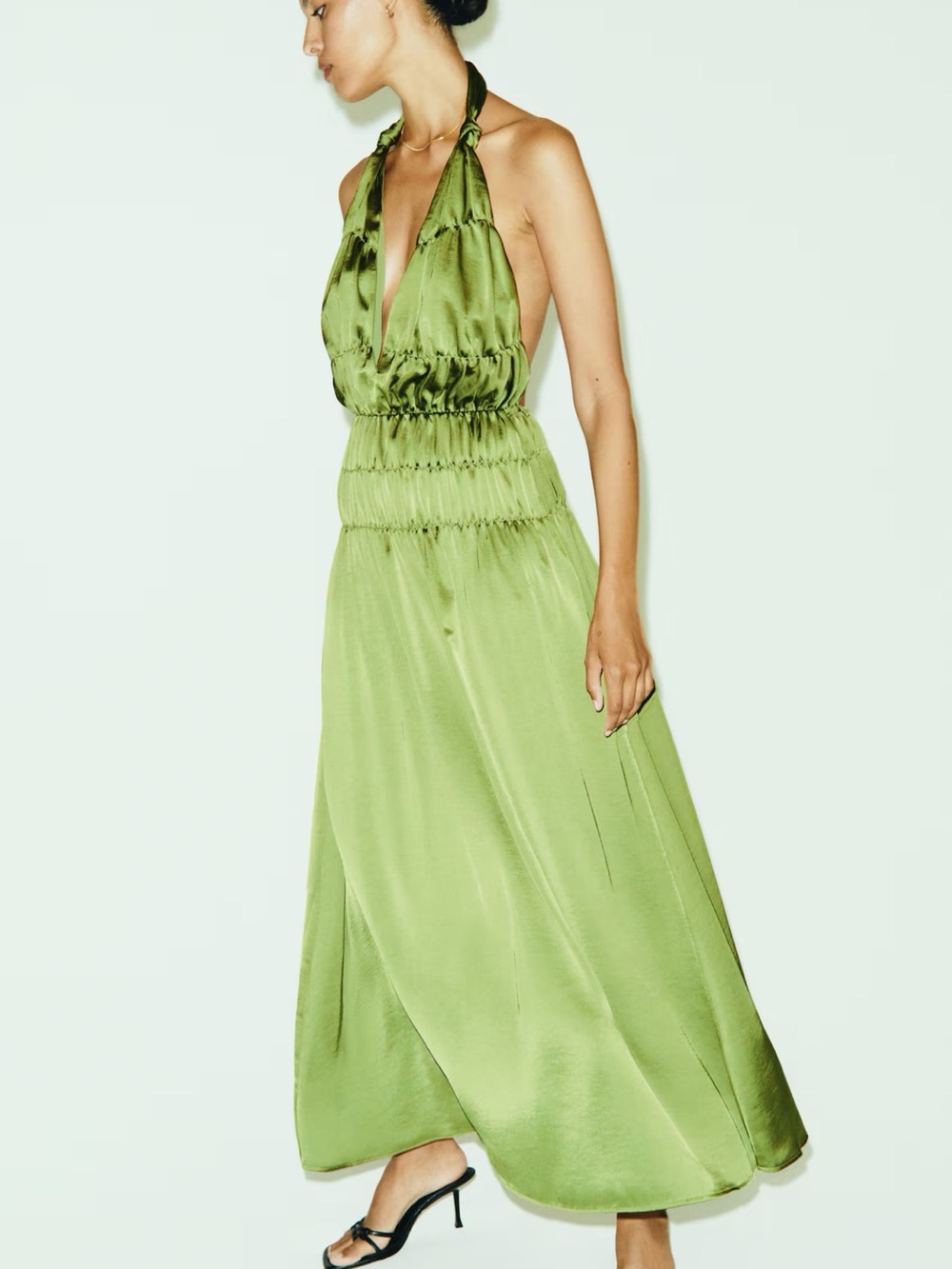 Satin Halter Backless Maxi Dress in Light Green